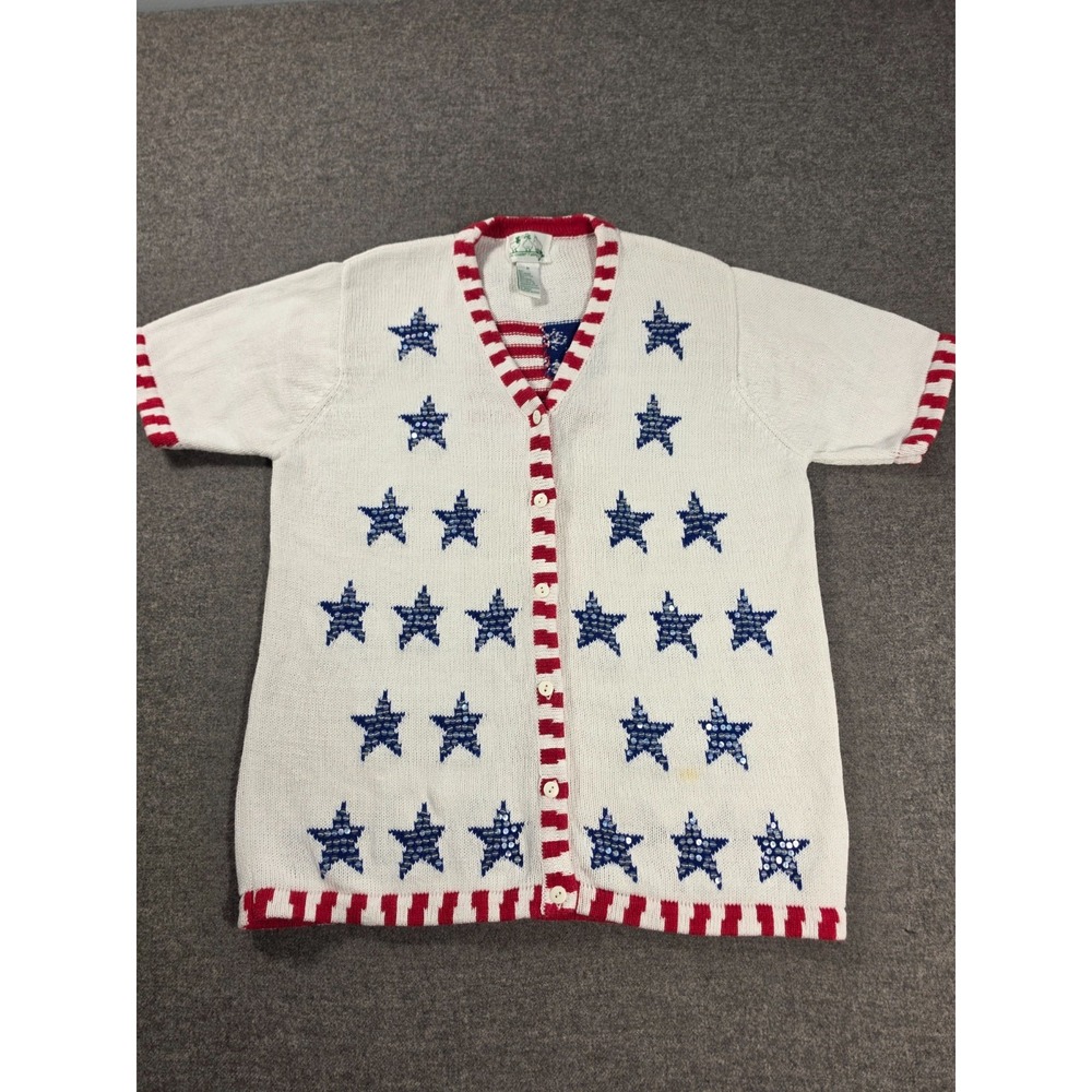 Quacker Factory USA Flag Patriotic Star Cardigan Sweater Womens M White Sequin